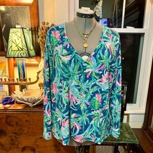 💗🌴💙 G.U.C. Lilly Pulitzer Long Sleeve V Neck Etta Top Size XXL Macaw Blue